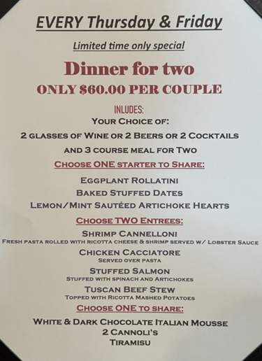 Dinner for Two Special at San Marco of Venice.